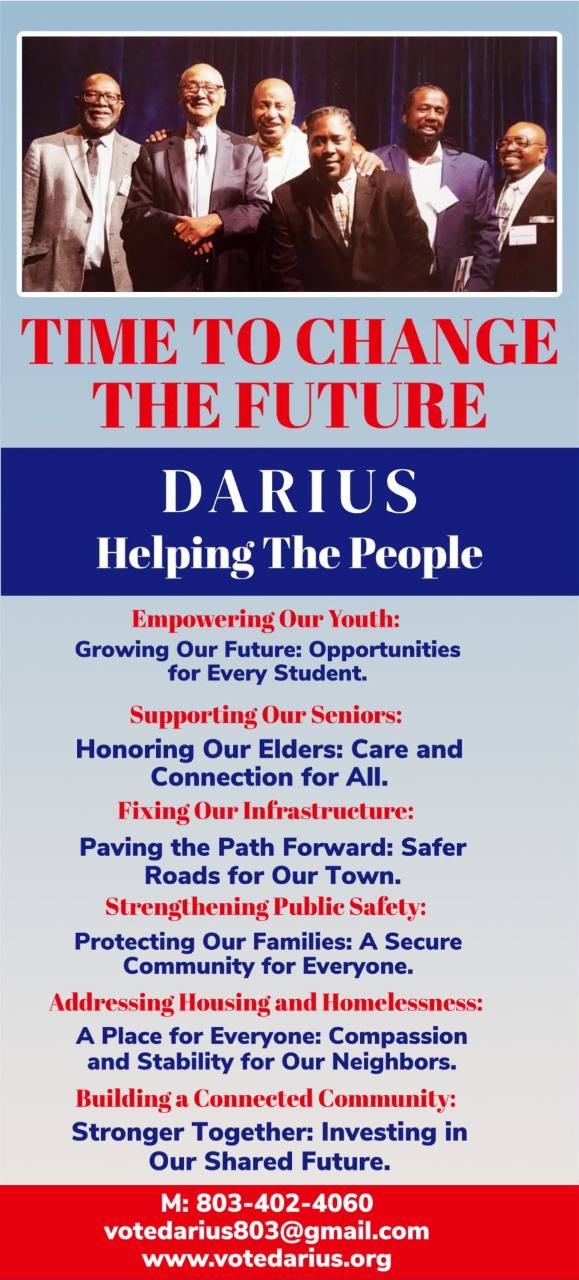 Darius Robinson campaign flyer featuring Darius with community leaders and his District 7 priorities