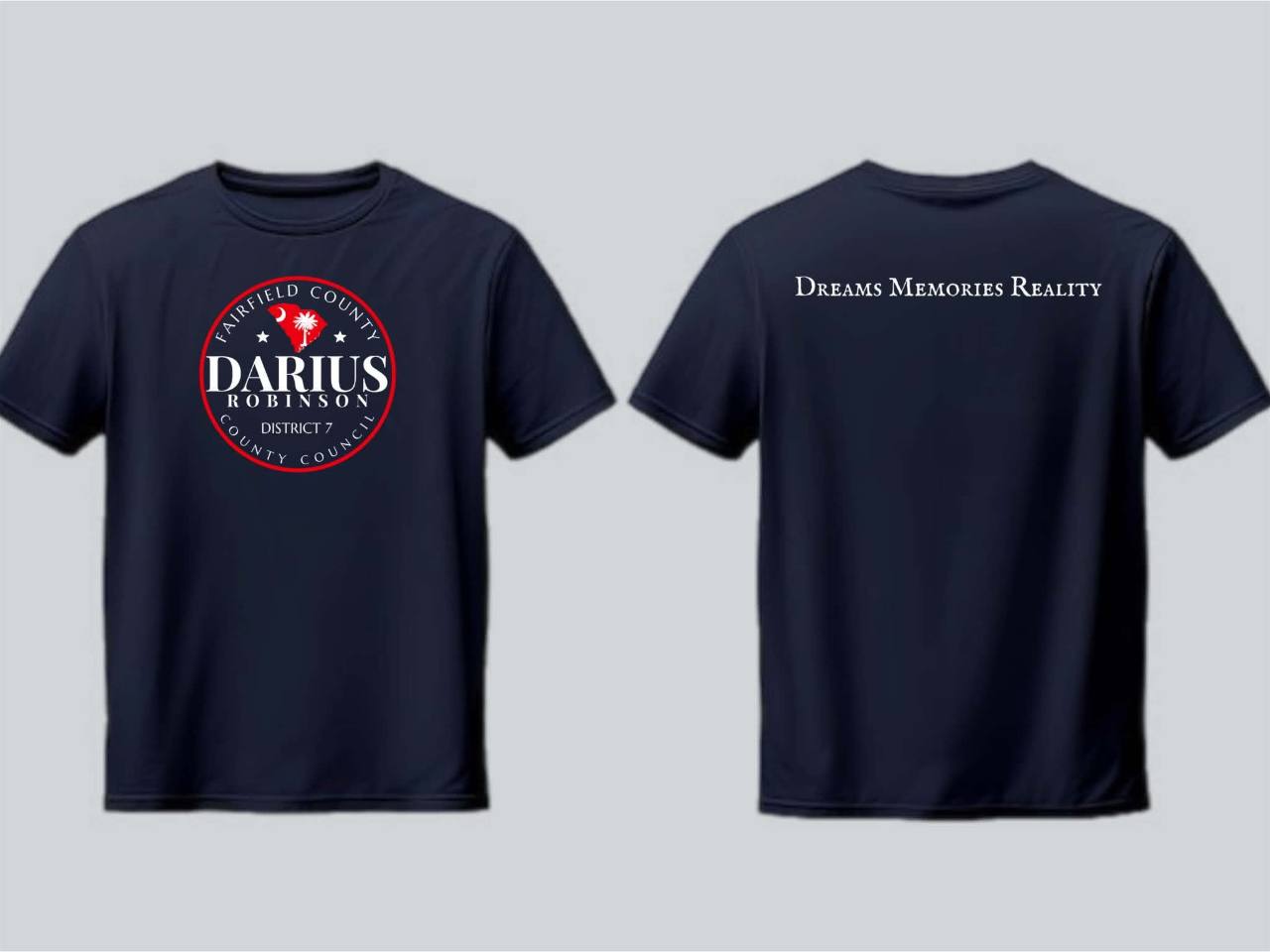 Front and back views of the navy Darius Robinson District 7 campaign shirt